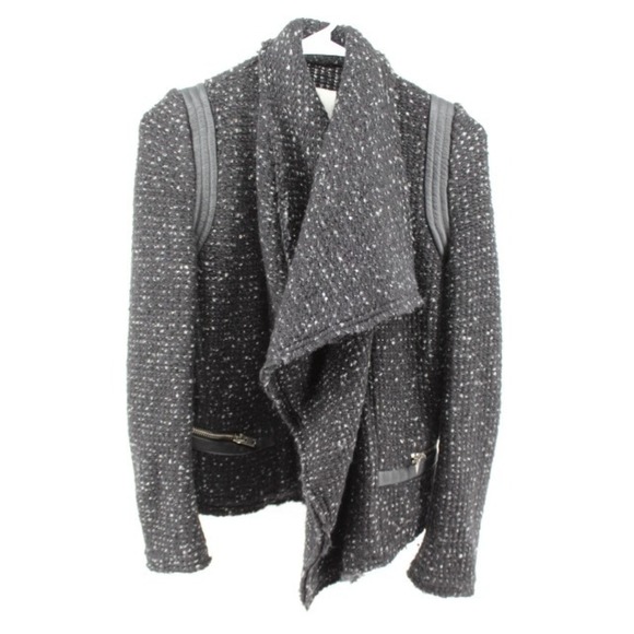 IRO Paris Knit Jacket Womens 40 Gray Leather Trim Asymmetrical Shawl Collar Moto
